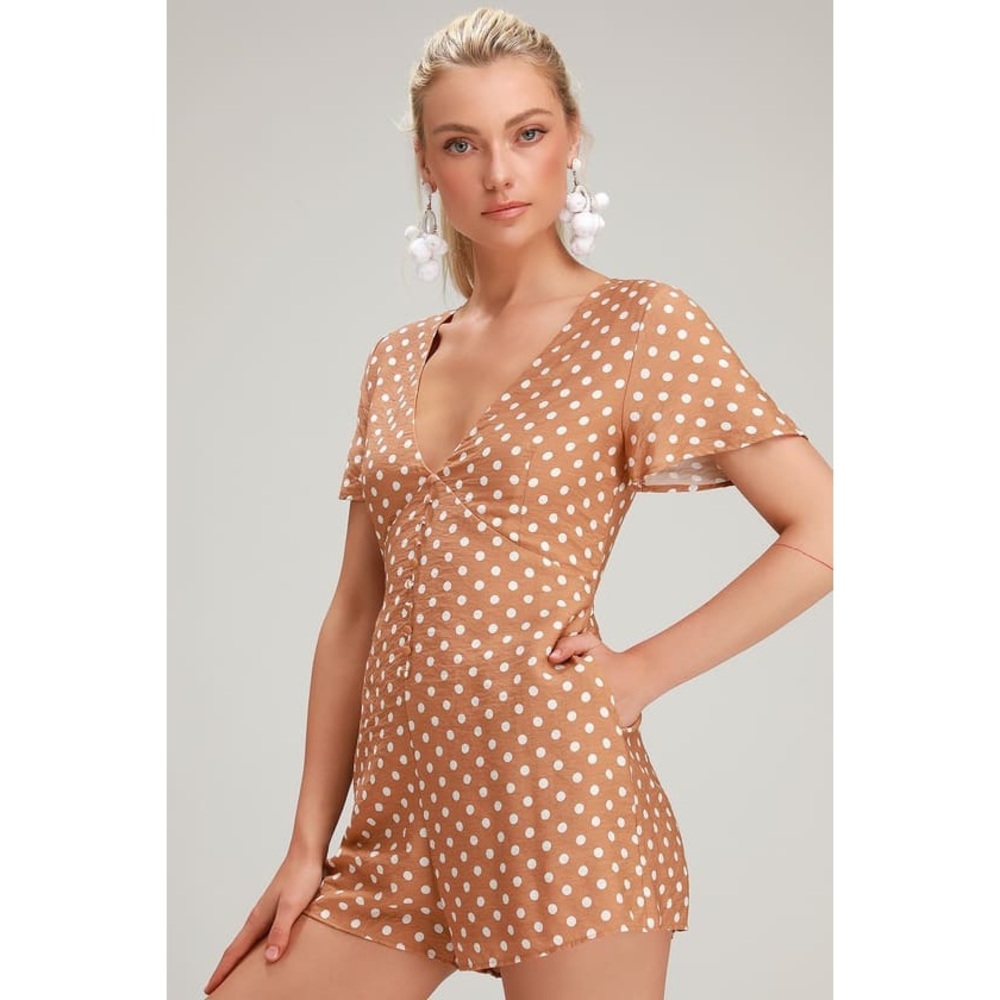 LULU’S CAMEL BROWN AND WHITE POLKA DOT ROMPER